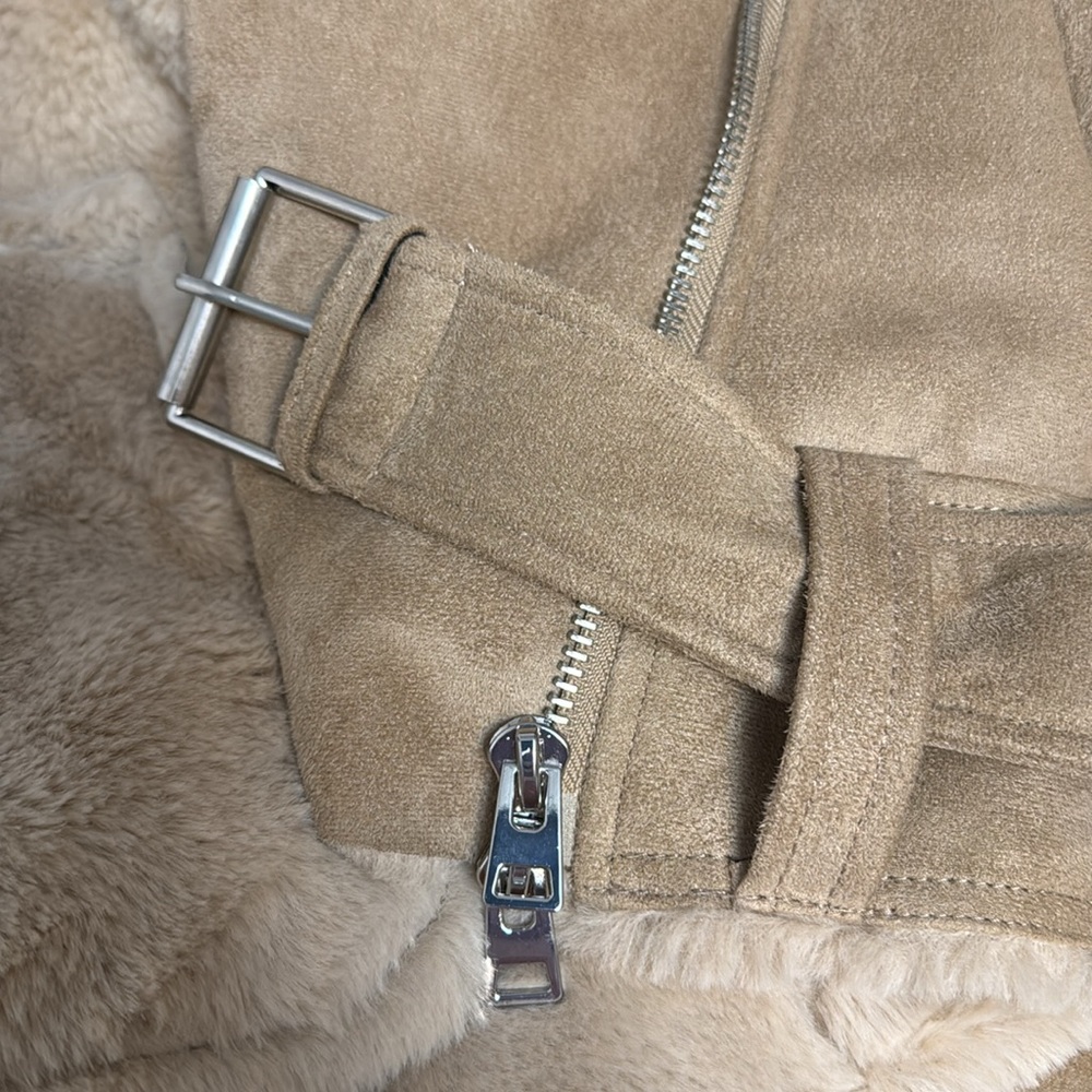 Topshop Camel Suedette Faux Fur Moto Biker Jacket with Belt - US 4 - Picture 4 of 10